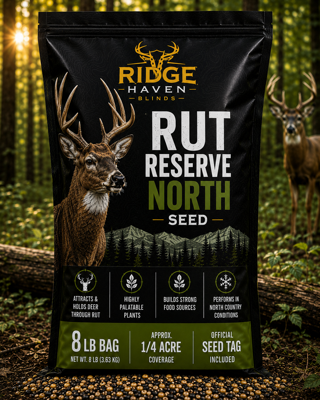 Ridge Haven Blinds Rut Reserve North late-season food plot seed 8lb bag for peak rut deer activity