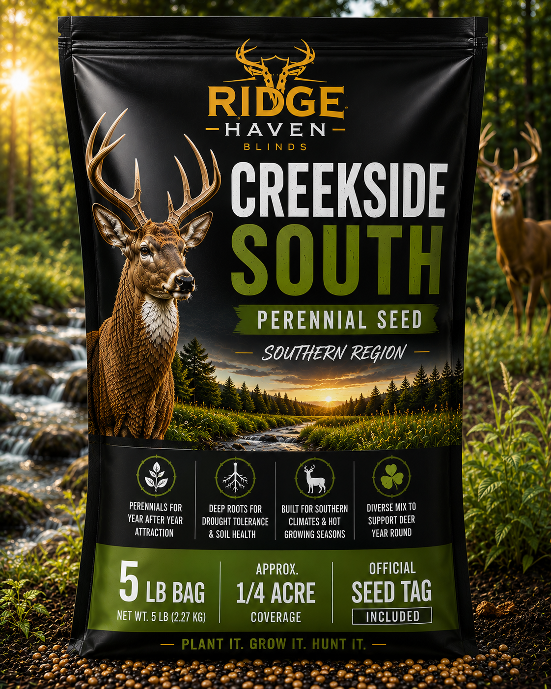 Ridge Haven Blinds Creekside South perennial food plot seed for creek bottoms and southern hunting properties